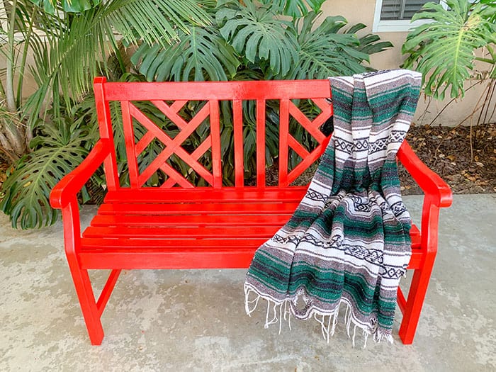 Red painted entryway bench makeover
